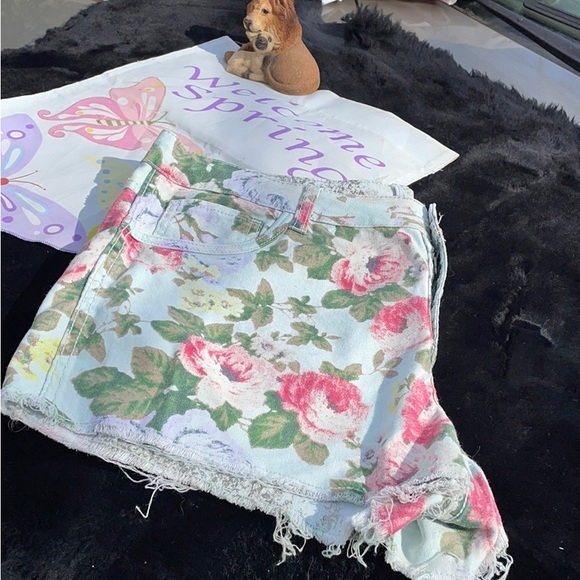 Flip Side 2 Sided Blue Jean Short Shorts Floral Gray Denim Frayed Hem Juniors 17 - Picture 11 of 16